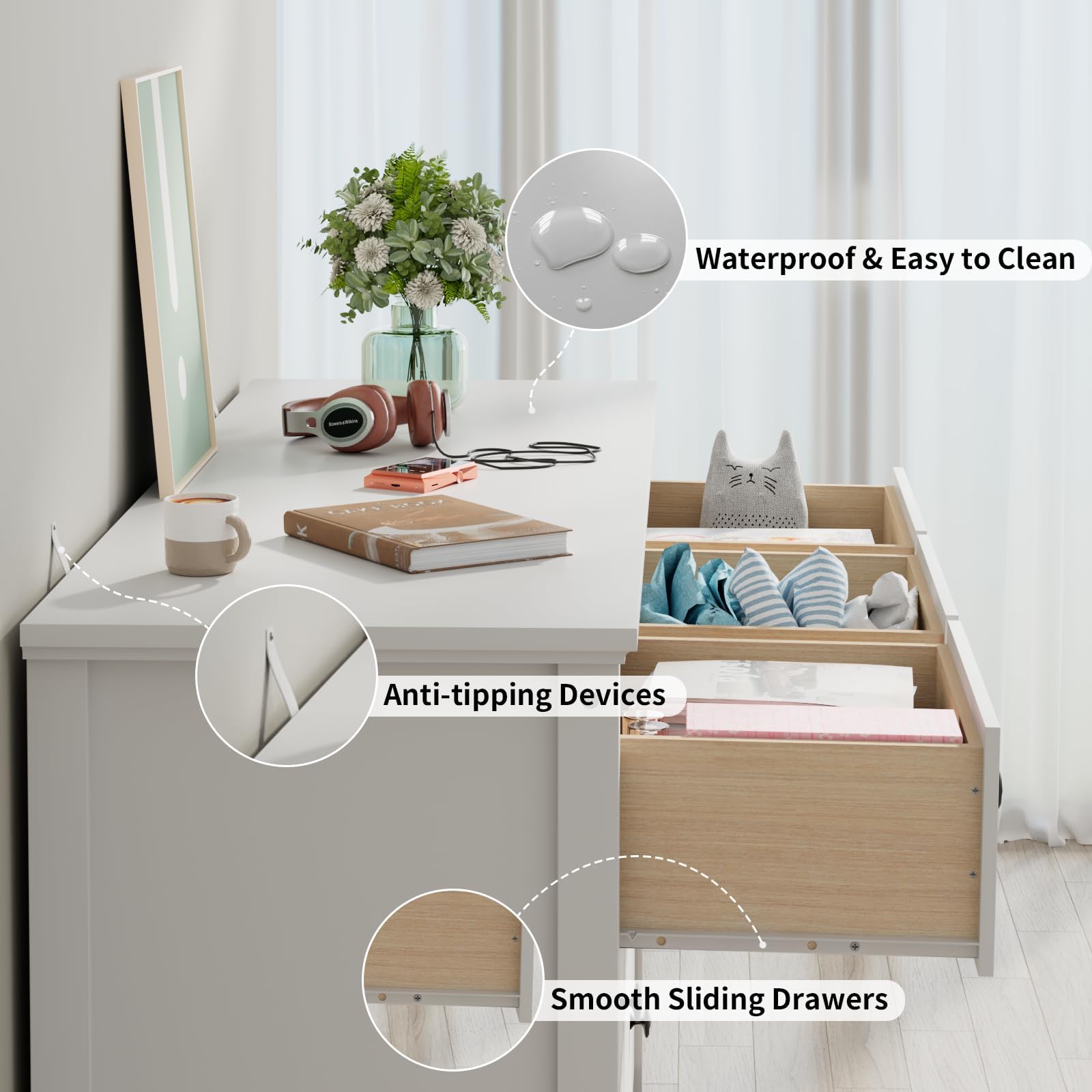 White Dresser for Bedroom, 7 Drawer Dresser with Wide Drawers and Metal Handles