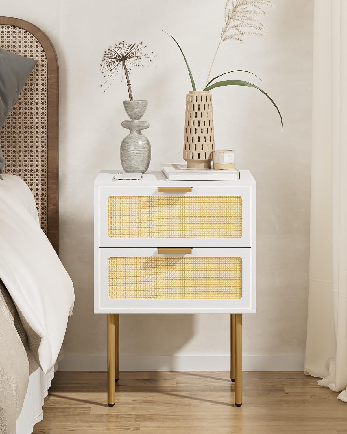 Rattan Nightstand, 2 Drawer Dresser for Bedroom, Small Side Table with 2 Drawers,