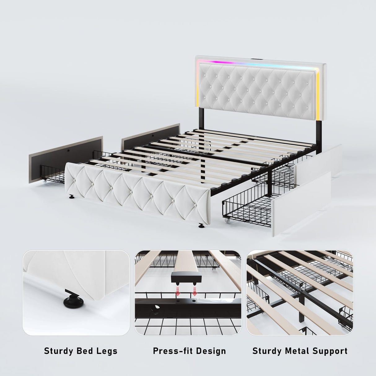 Full Size Bed Frame with Storage - Bed Frame Full with 4 Drawers on Wheel Fast Charging