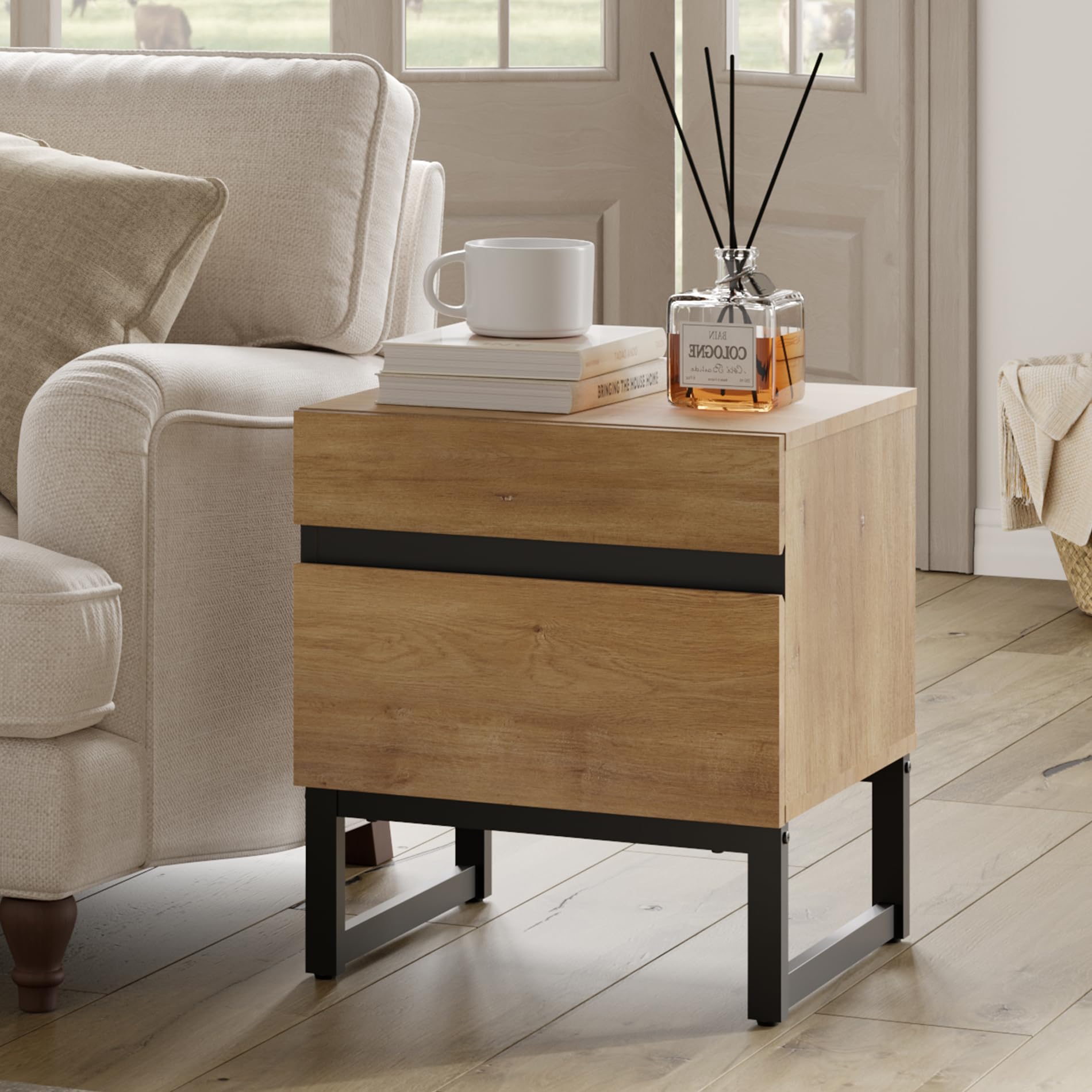 Modern End Table with 2 Drawers, Farmhouse Sofa Table