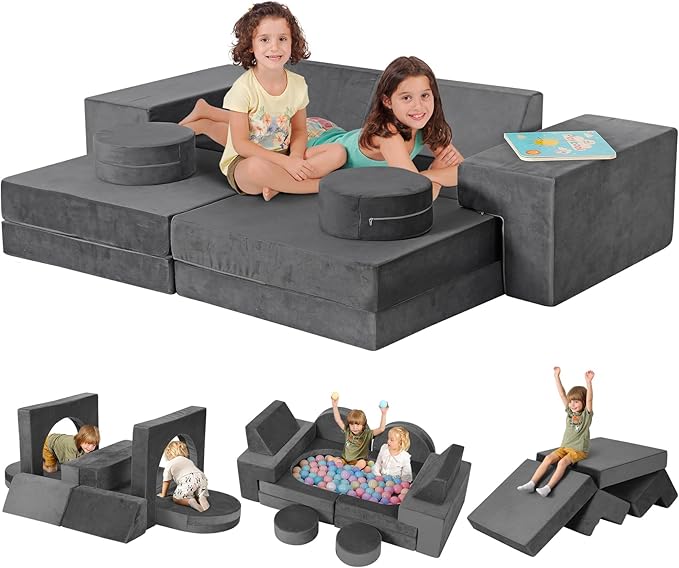 Play Couch, Kidirect K12 PRO DIY 400+ Creative Kids Couch for Playroom, Upgraded Play Couch Convertible Rocking Horse, Sectional Kids Sofa Couch with Star Moon for Kids and Toddlers(Grey)