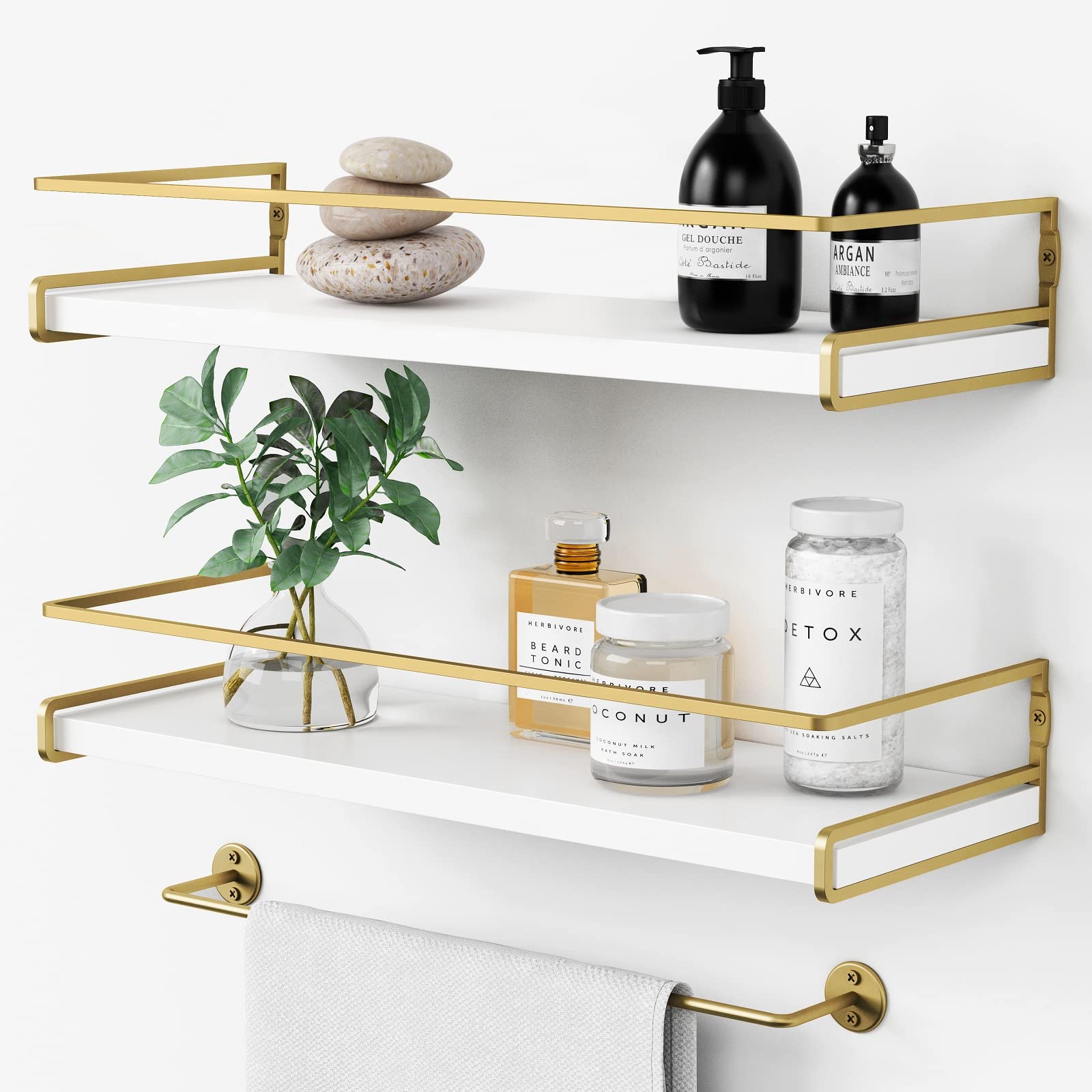 Floating Bathroom Shelves Wall Mounted, Aesthetic White and Gold Shelves