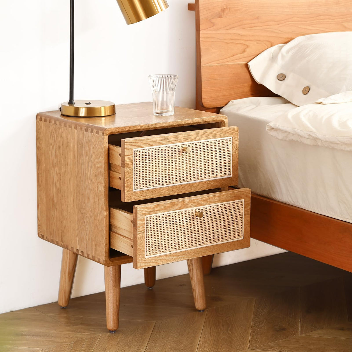 Olusmane Nightstand Easy Assembly Solid Oak Wood Mid Century Modern Night Stand with 2 Rattan Drawers Small Bedside Table Sturdy & Durable 15.75" L x 13.78" W x 21.26" H (Natural)