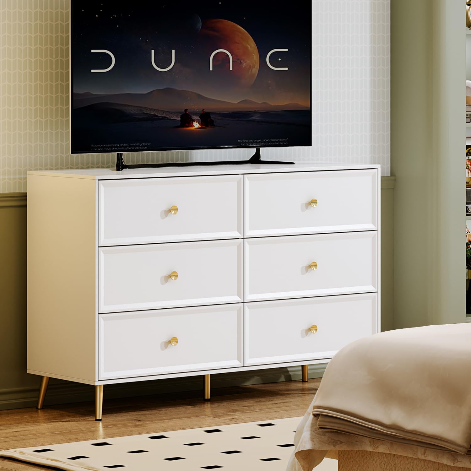 Cream 6 Drawer Dresser for Bedroom, Large Double Dresser with Wide Drawers