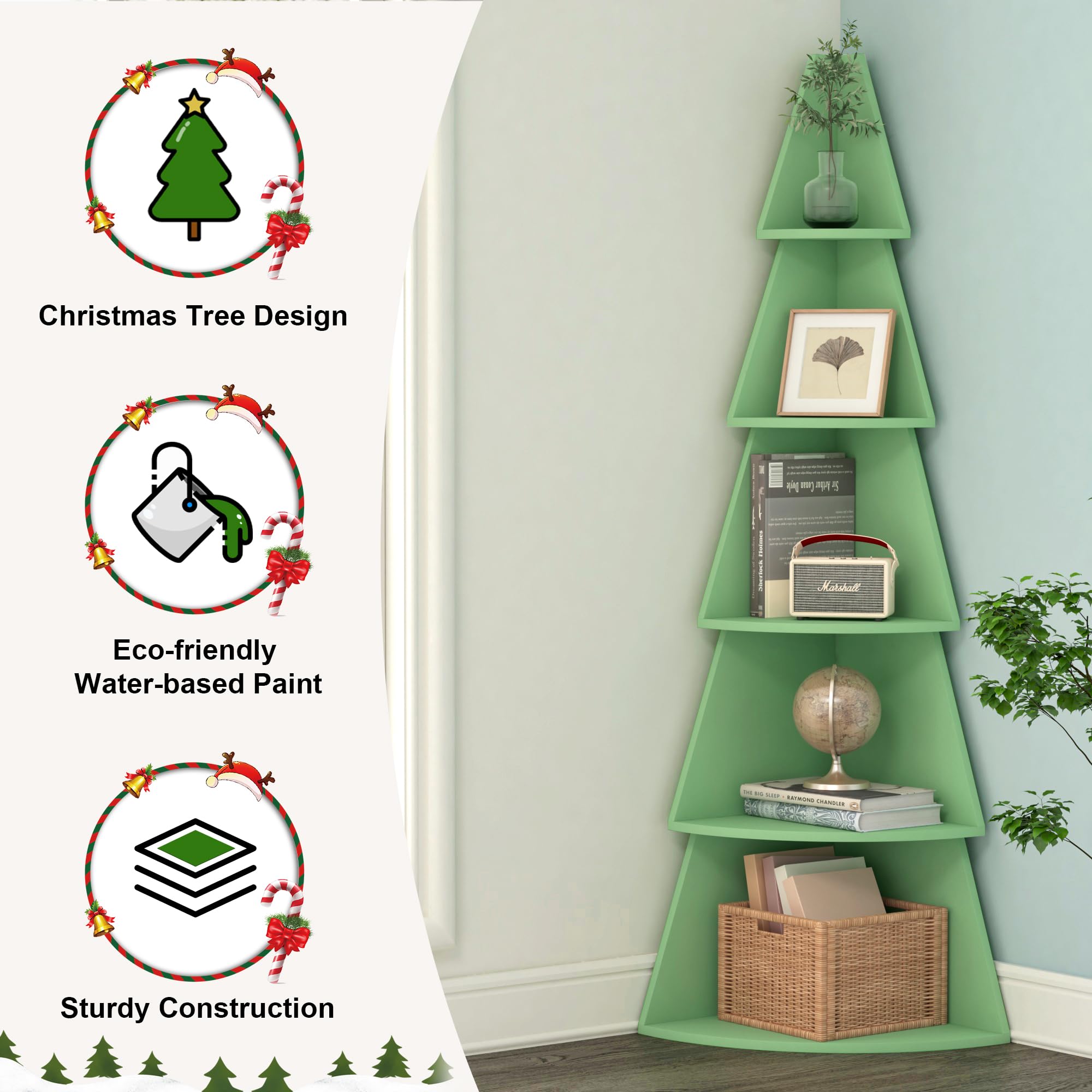 5 Tier Green Corner Book Shelf, 62" Tall Tree Corner Bookshelf with Storage,