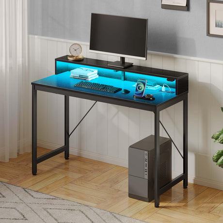 Computer Desk 47 inch with LED Lights & Power Outlets, Home Office Desk