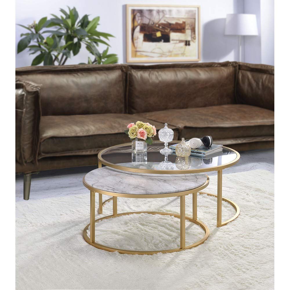 HABITRIO Coffee Table Set, 2 Pc Metal Tube Frame with Glass Top and Faux Marble Top Nesting Sofa Side Table, Fit for Living Room, Office