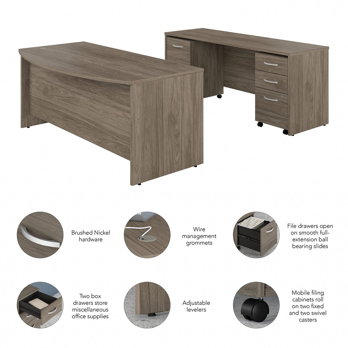 Studio C Bow Front Desk and Credenza with Mobile File Cabinets, 72W x 36D