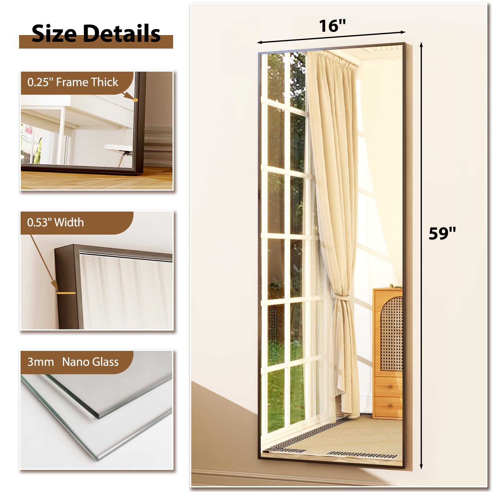 59x16 Full Length Floor Mirror - Freestanding or Wall Mount