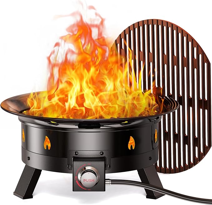Large Propane Fire Pit 24 Inch, Gas Fire Pit with Grill Grate, Folding Legs