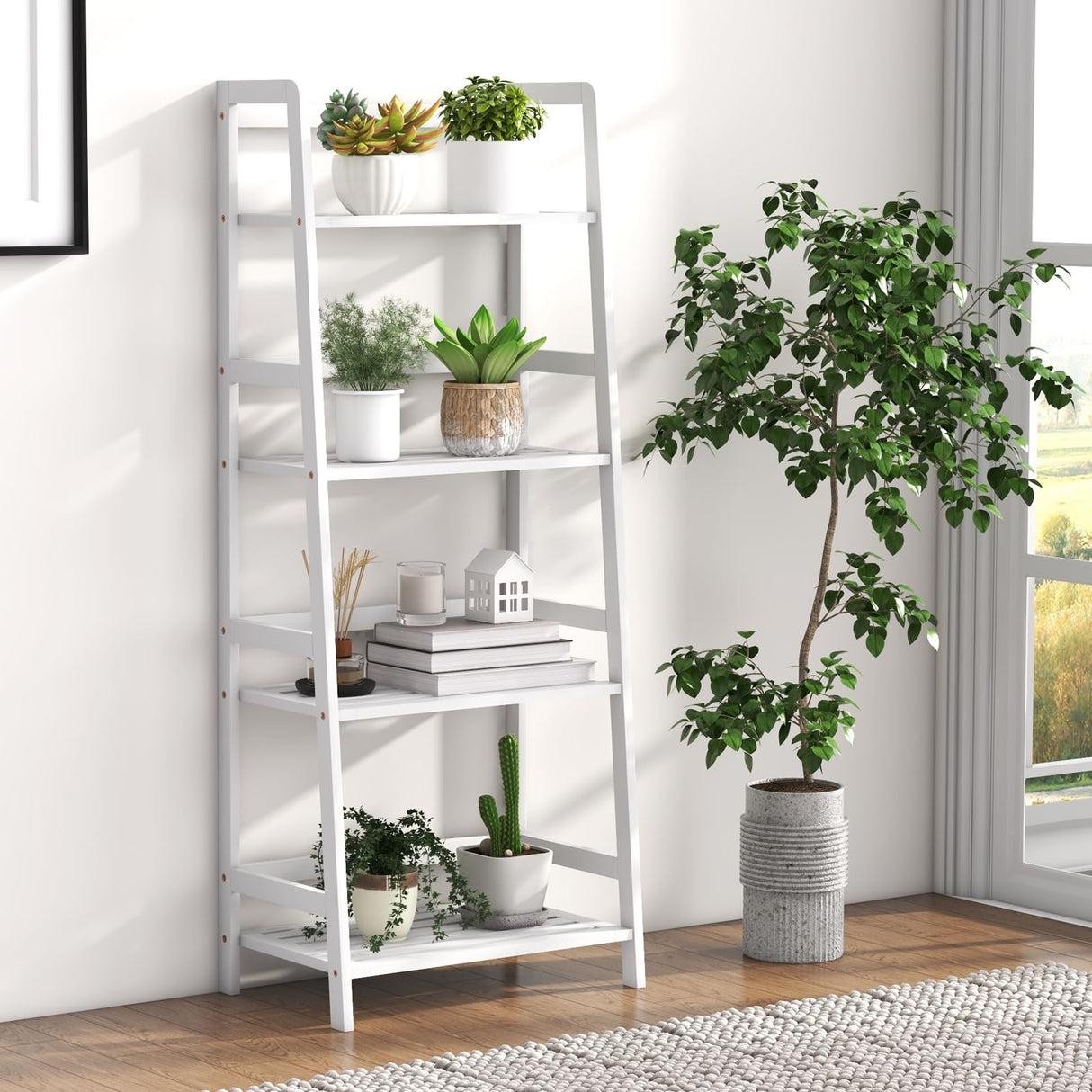 4-Tier White Ladder Shelf, Bamboo Open Bookcase Book Shelf with Storage, 47.5" Freestanding Display Shelving Unit Plant Stand Rack Organizer, Shelves for Bedroom, Living Room, Home Office