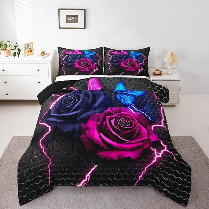 Grey Red Floral Rose King Comforter Set,Gothic Romantic Flower Rose Bedding Set