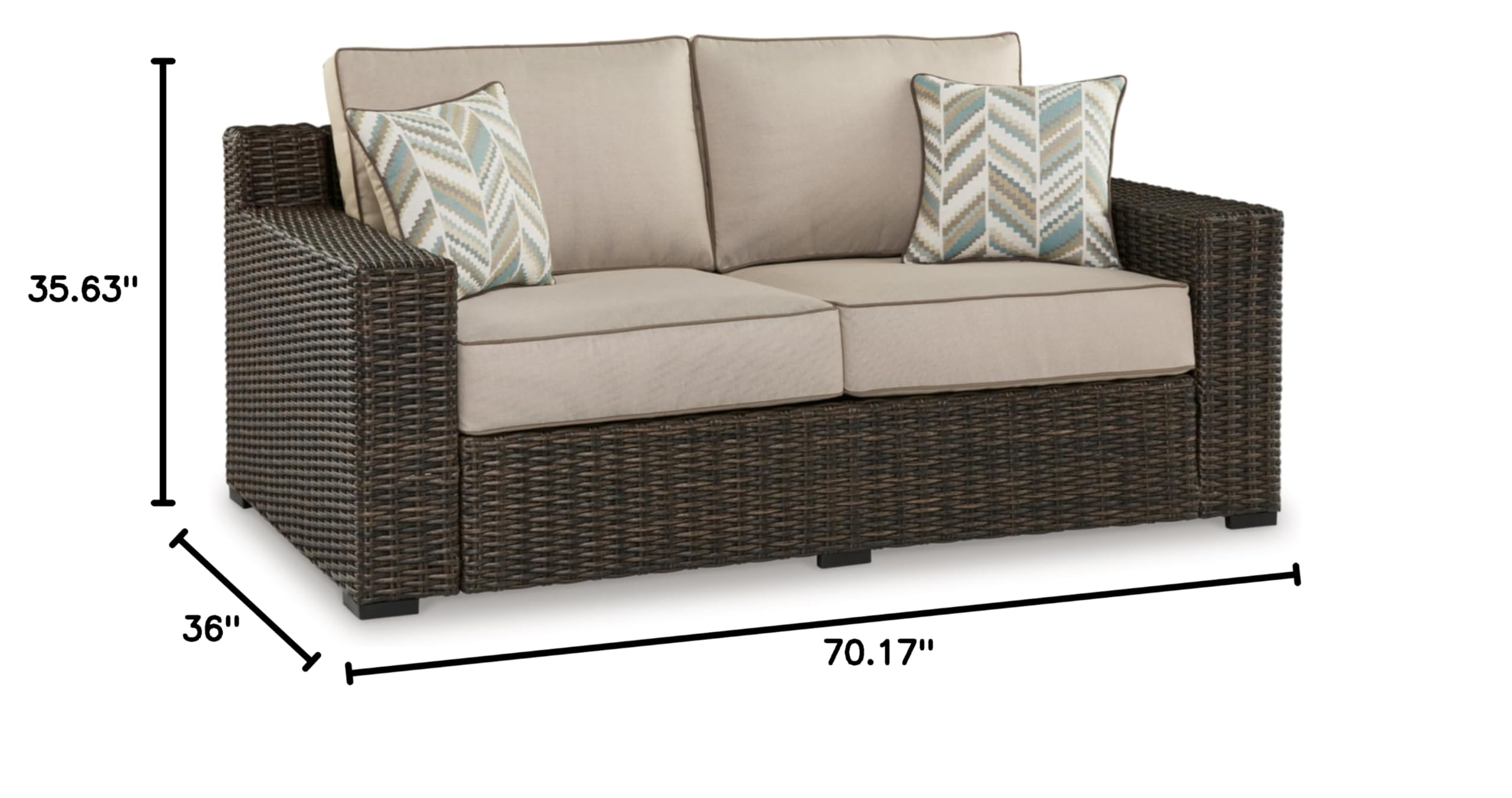 Signature Design by Ashley Coastline Bay Casual Weather Resistant Outdoor Loveseat with Cushion and 2 Throw Pillows, Beige & Dark Brown