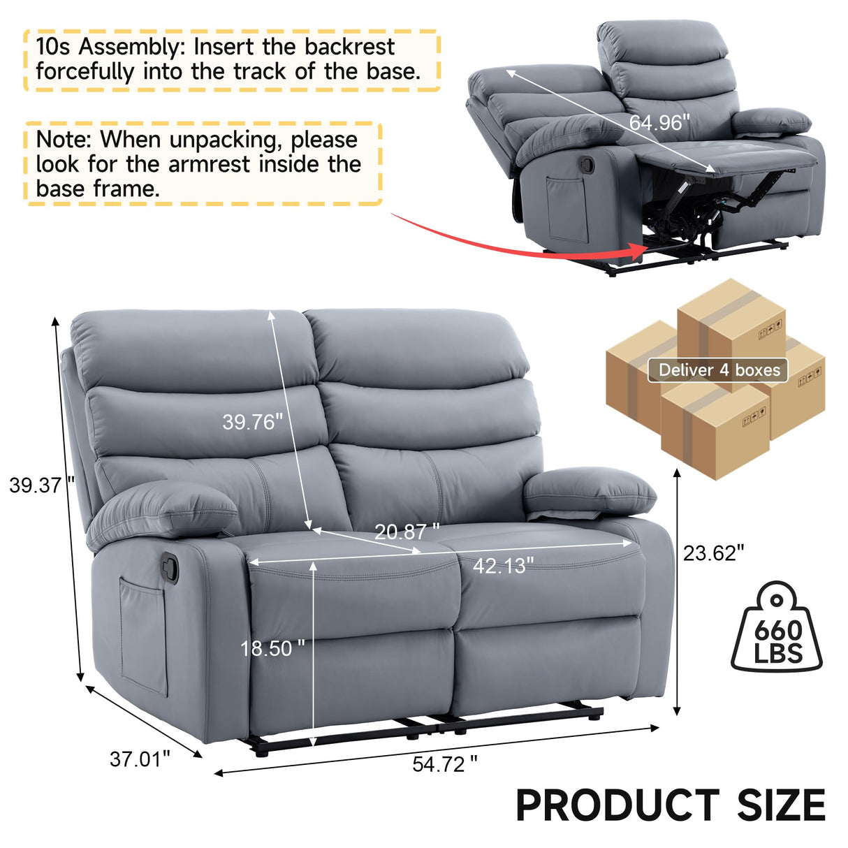 Loveseat Recliner Sofa, Small Sofa Couch, PU Leather Reclining Sofa 2-Seater