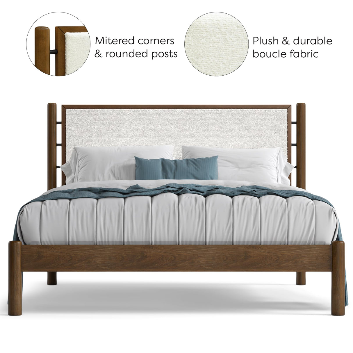 Queen Size Solid Wood Bed Frame with Upholstered Boucle Headboard