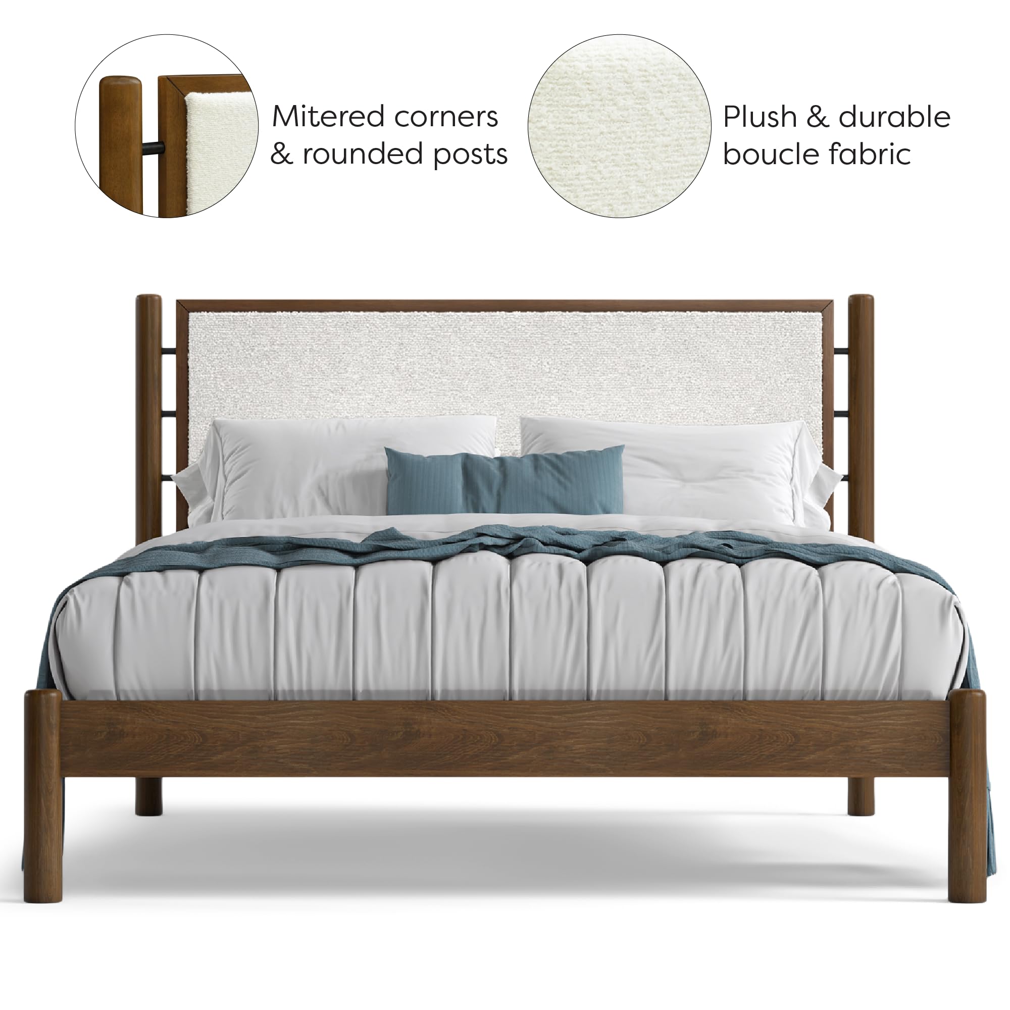 Queen Size Solid Wood Bed Frame with Upholstered Boucle Headboard