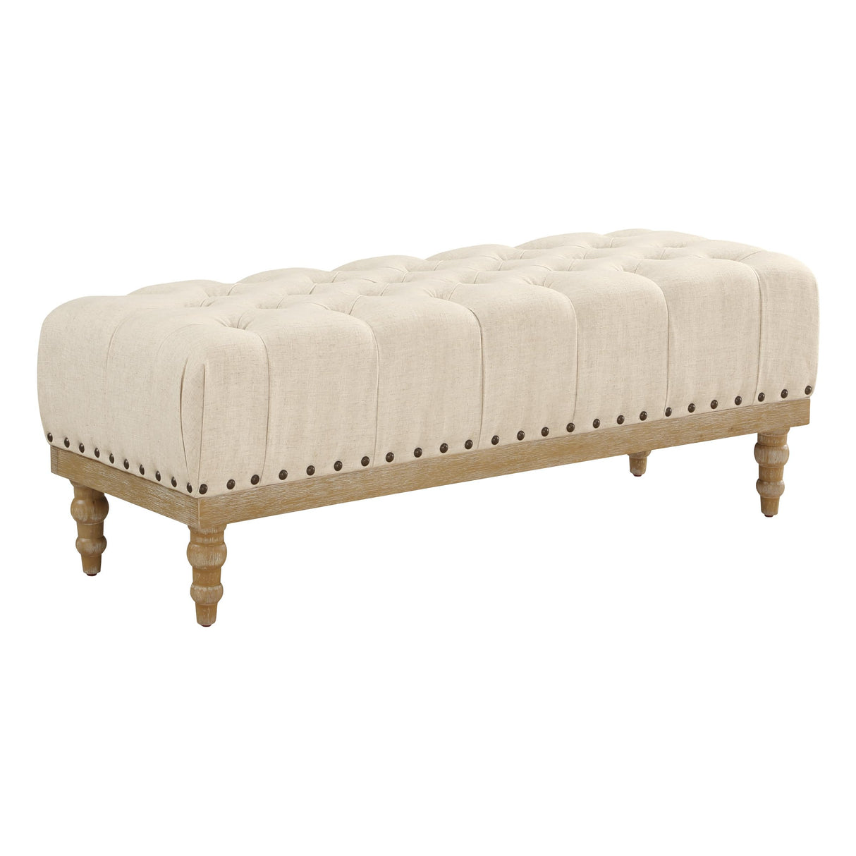 Abigail Bench with Tufted Top and Antique Bronze Nailheads, Linen Fabric