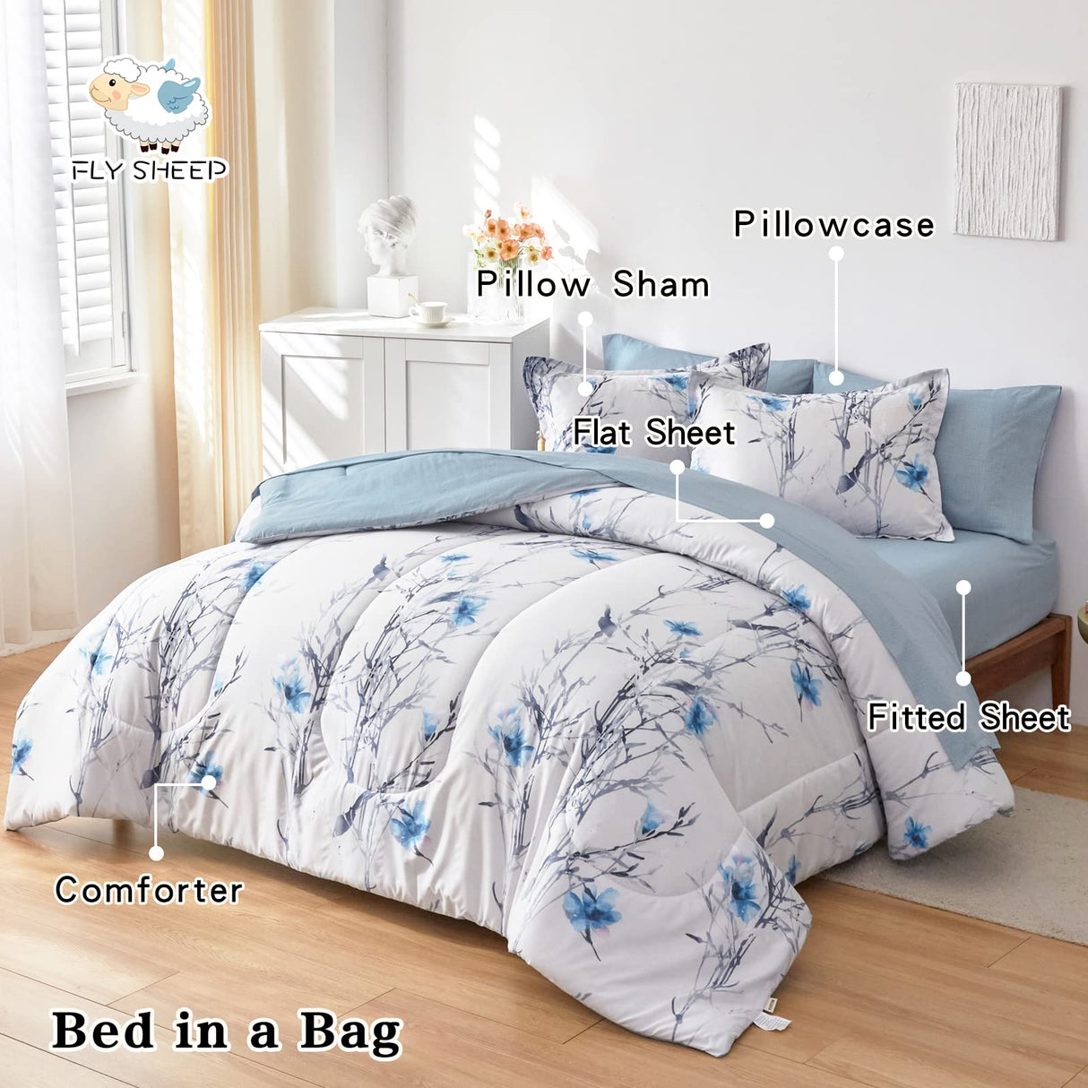 Bed in a Bag Twin Comforter Set with Sheets, Blue Flower Branch on White Botanical