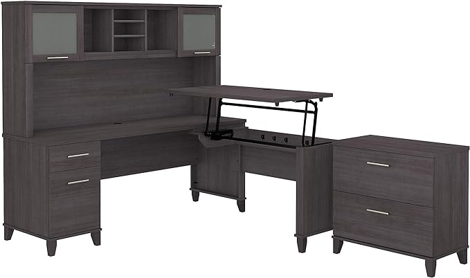 72W 3 Position Sit to Stand L Shaped Desk with Hutch and File Cabinet in White