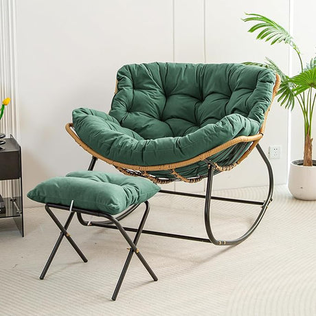 Indoor Rattan Rocking Chair with Footstool, Giant Lazy Lounge Chair Removable Padded