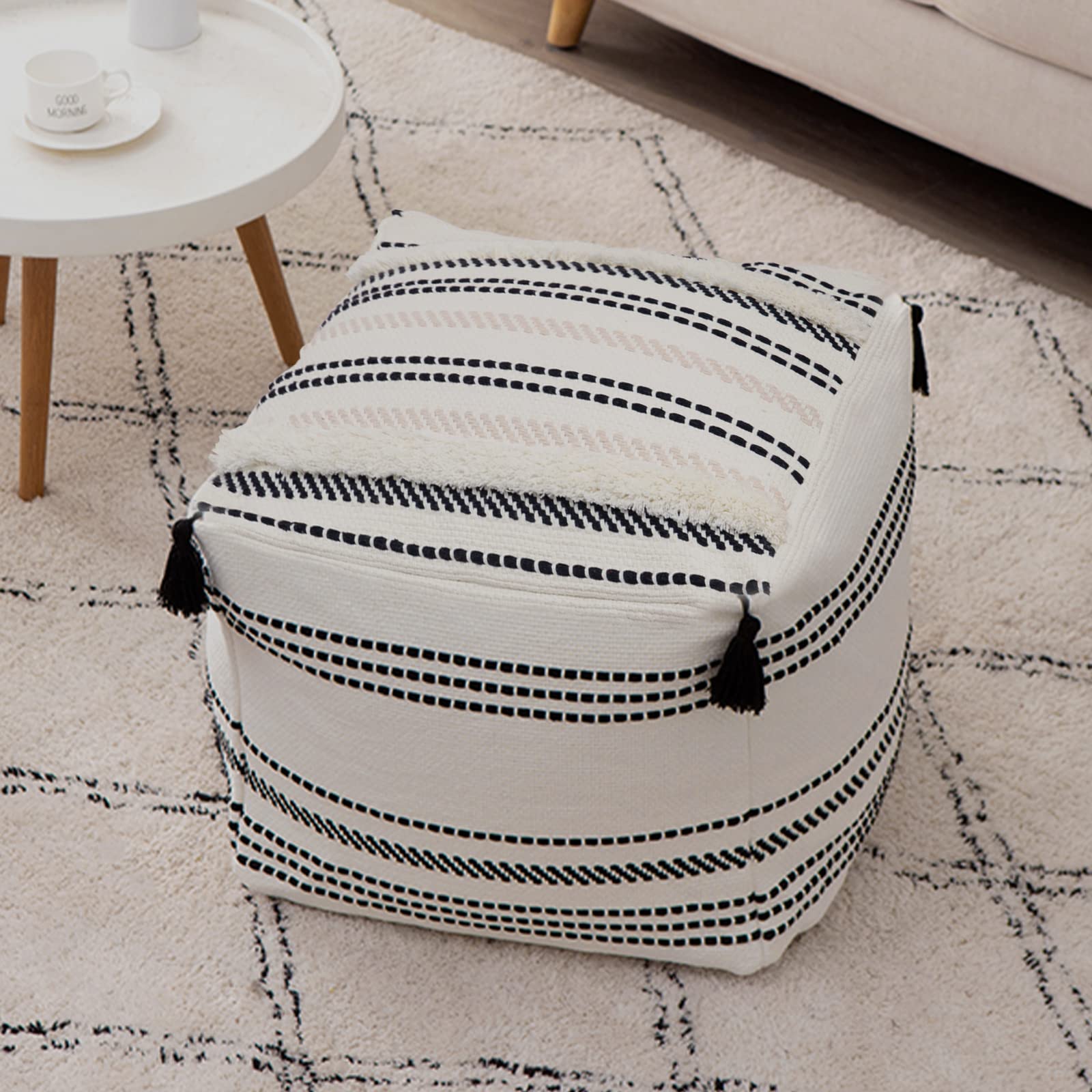 Ottoman Pouf Cover 18x18x16, Square Striped Morocco Tufted Boho Foot Rest with Big