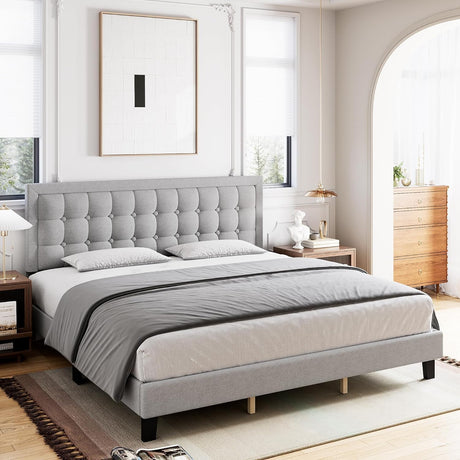 Full Size Bed Frame with Button Tufted Headboard, Upholstered Low Platform Bed Frame,