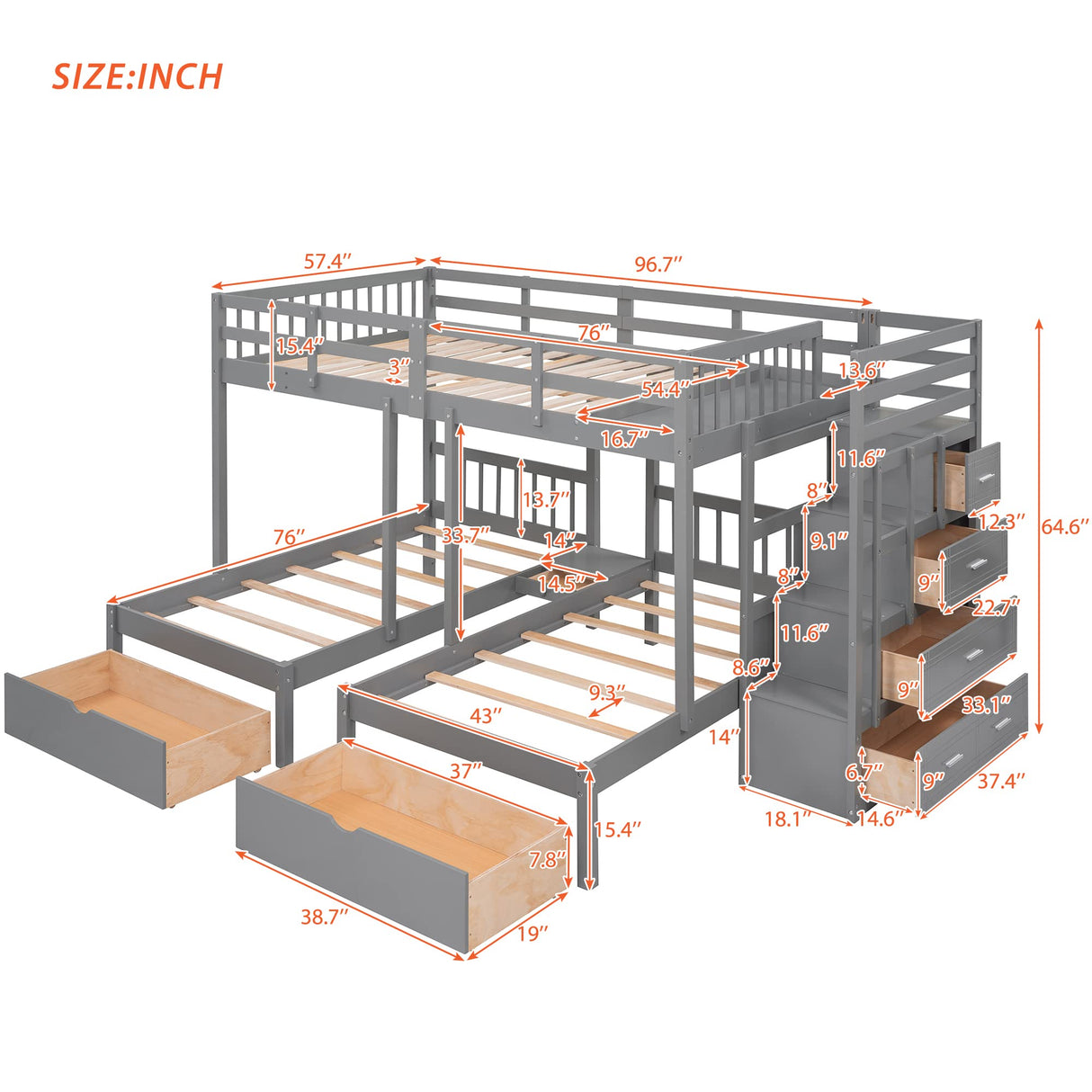 Bed with Stairs and Storage Drawers Full Over Twin & Twin 3 Bunk Beds for Kids Wooden