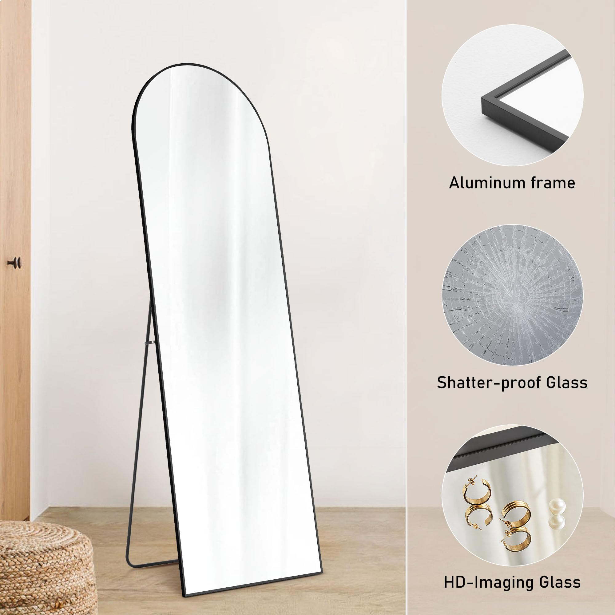 Arched Full Length Mirror 64.1" x 21.5" - Black Aluminum Frame Floor Standing