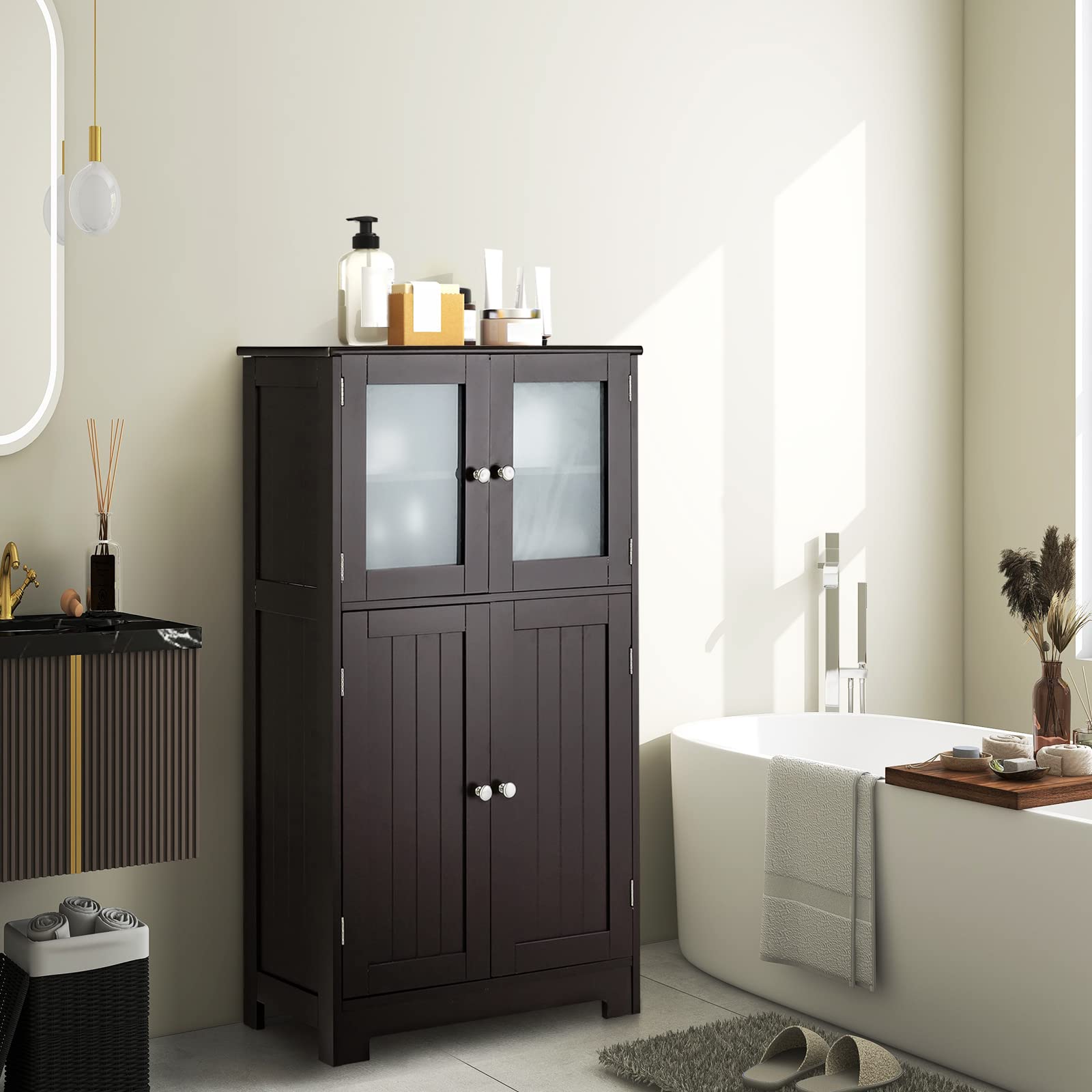 Storage Cabinet with Doors - Bathroom Floor Cabinet, Freestanding Tall Cabinet w/ 2