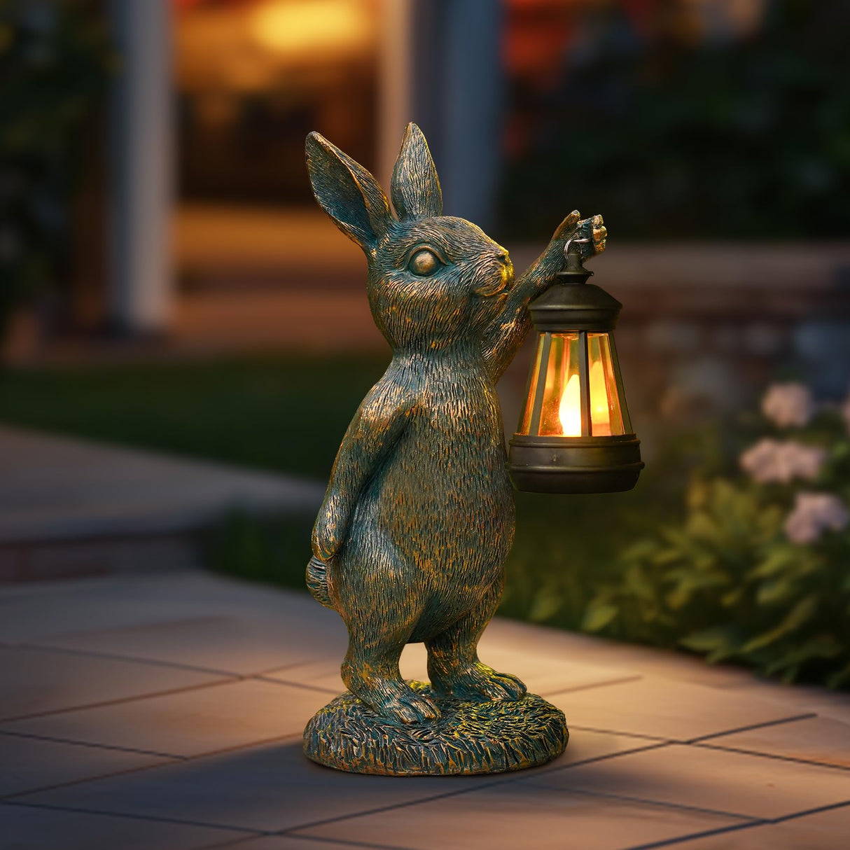 Garden Statues with Solar Lantern Bunny Outdoor Resin Sculpture