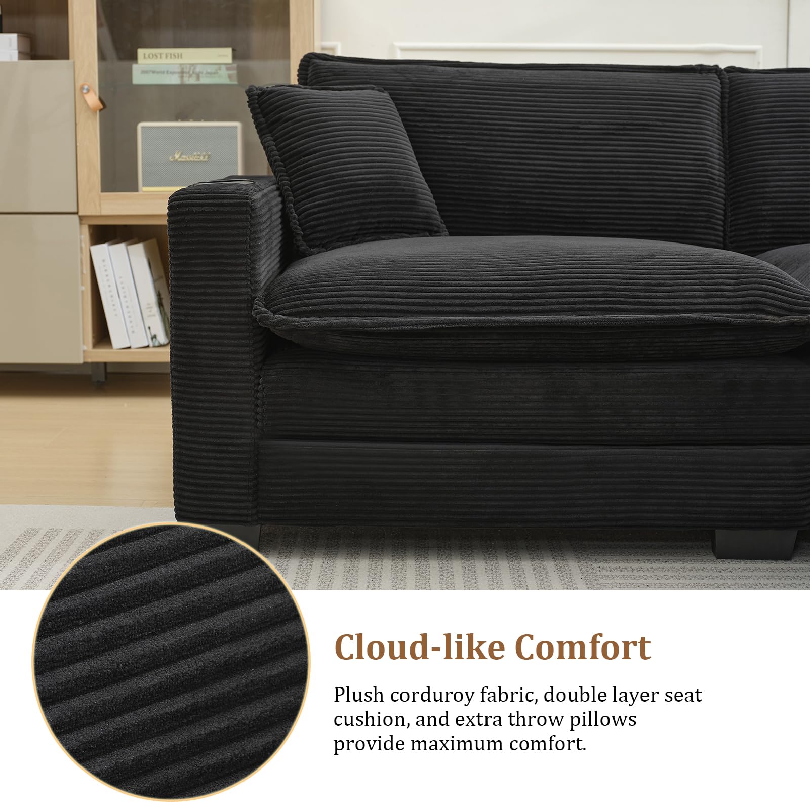 KIVENJAJA Corduroy Cloud Sectional Couch, Modular Oversized Loveseat Sofa with Ottoman, Cup Holders & USB Port, Comfy 2 Seater Love Seat for Living Room Small Space, 82.7”W, Black