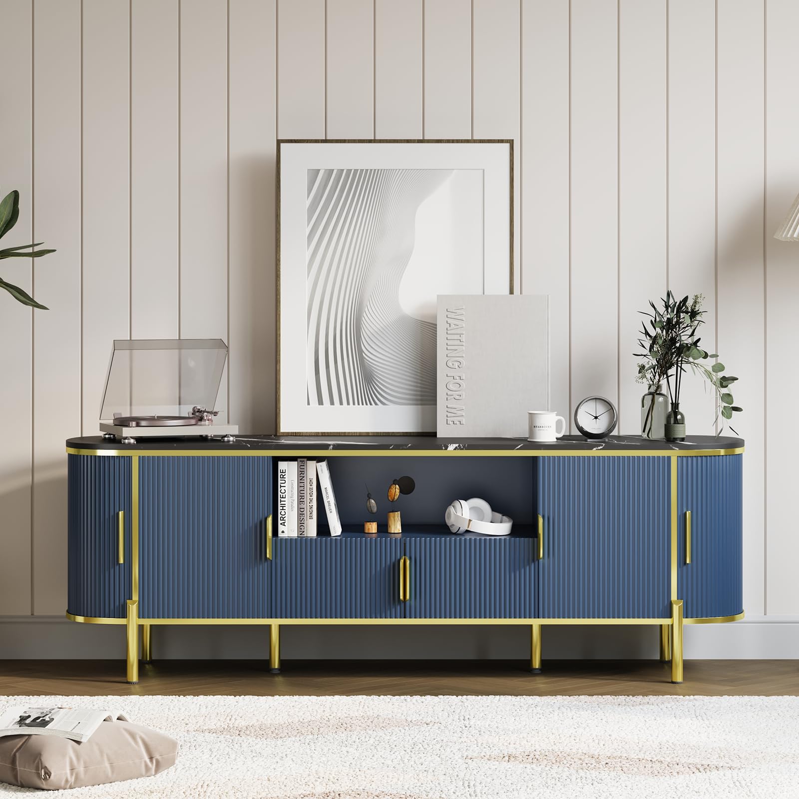 70-Inch Fluted TV Stand with Faux Marble Top - Navy Blue