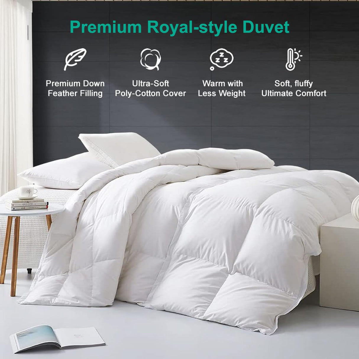 APSMILE Luxury Feathers Down Comforter Oversized Queen Size, Ultra-Soft 750 Fill-Power Duvet Insert for Winter, Heavy Weight Comforter, Fluffy Down Comforter for Bed (98x98, White)