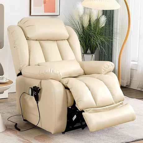 Large Reclining Lift Chair, Dual Motor Massage Chair, Genuine Leather Recliner