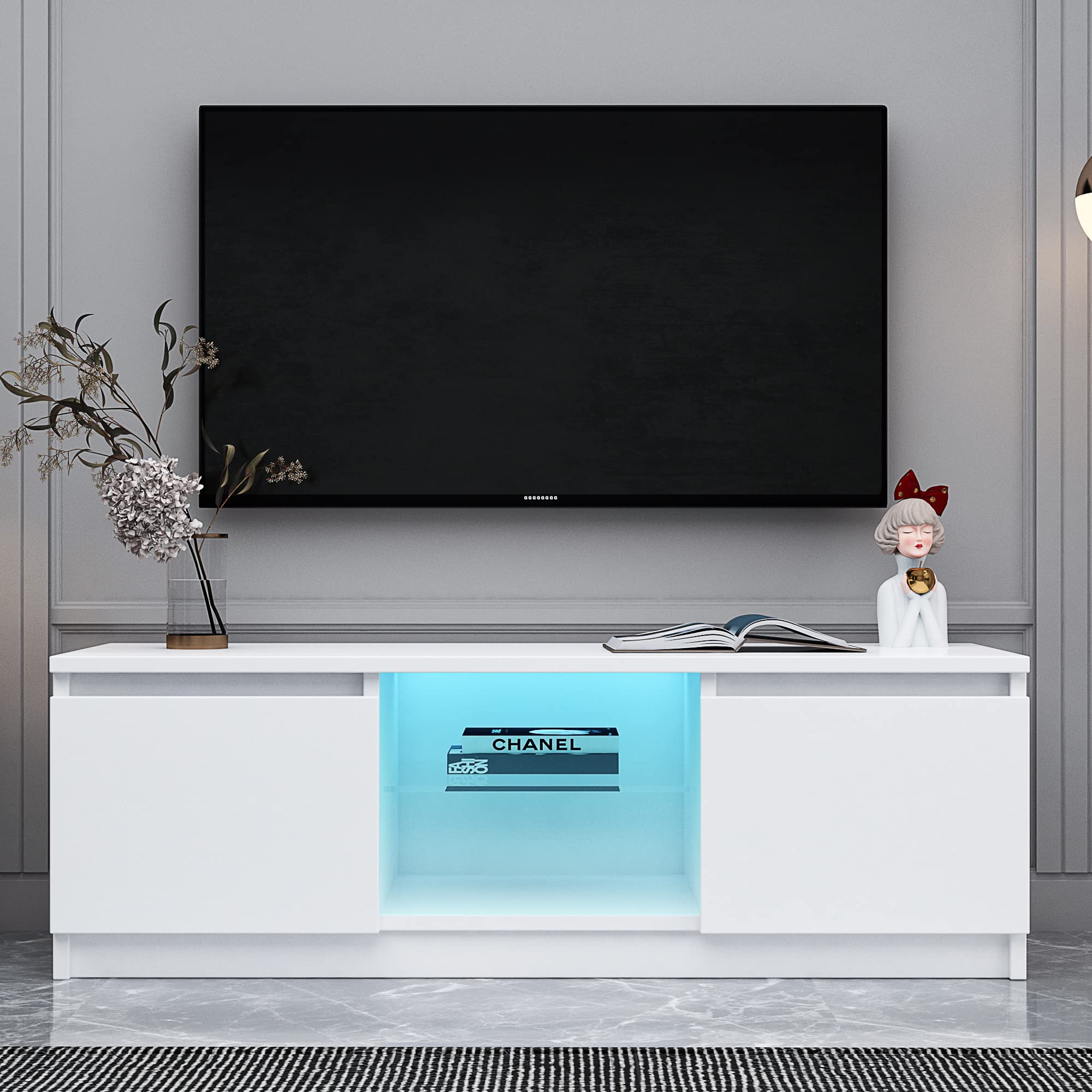 White TV Stand with LED Light for 55 Inch TV, Modern Entertainment Center Stand