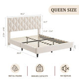 Beige Upholstered Queen Bed Frame with Platform & Wood Slats