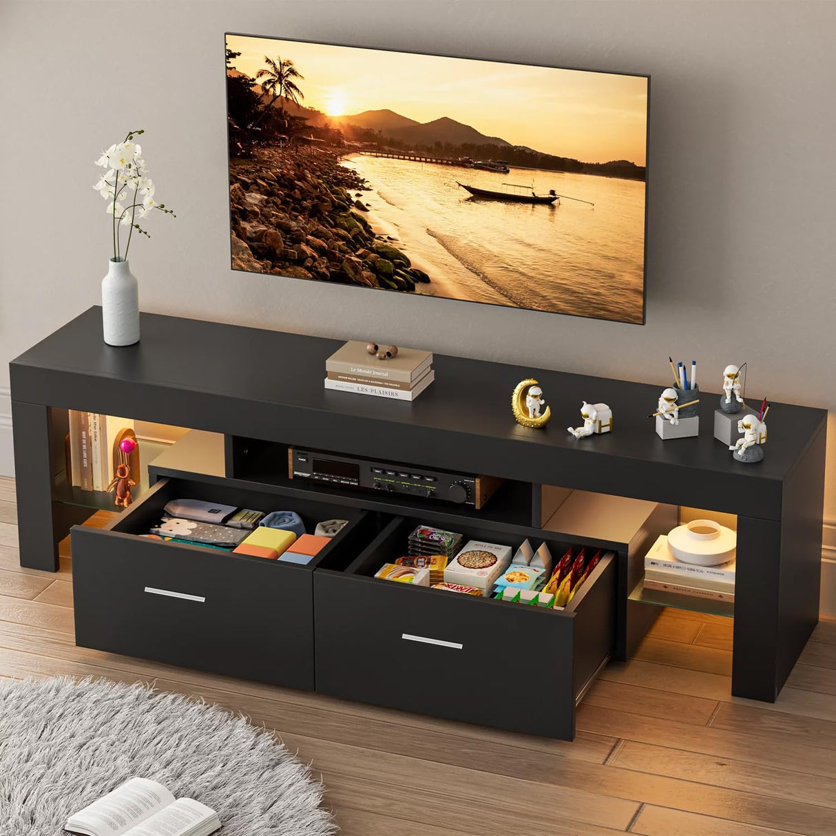 Up to 70-inch TV, Modern TV Console Table with Entertainment Center for Bedroom, Living Room(Black, 63 inch)