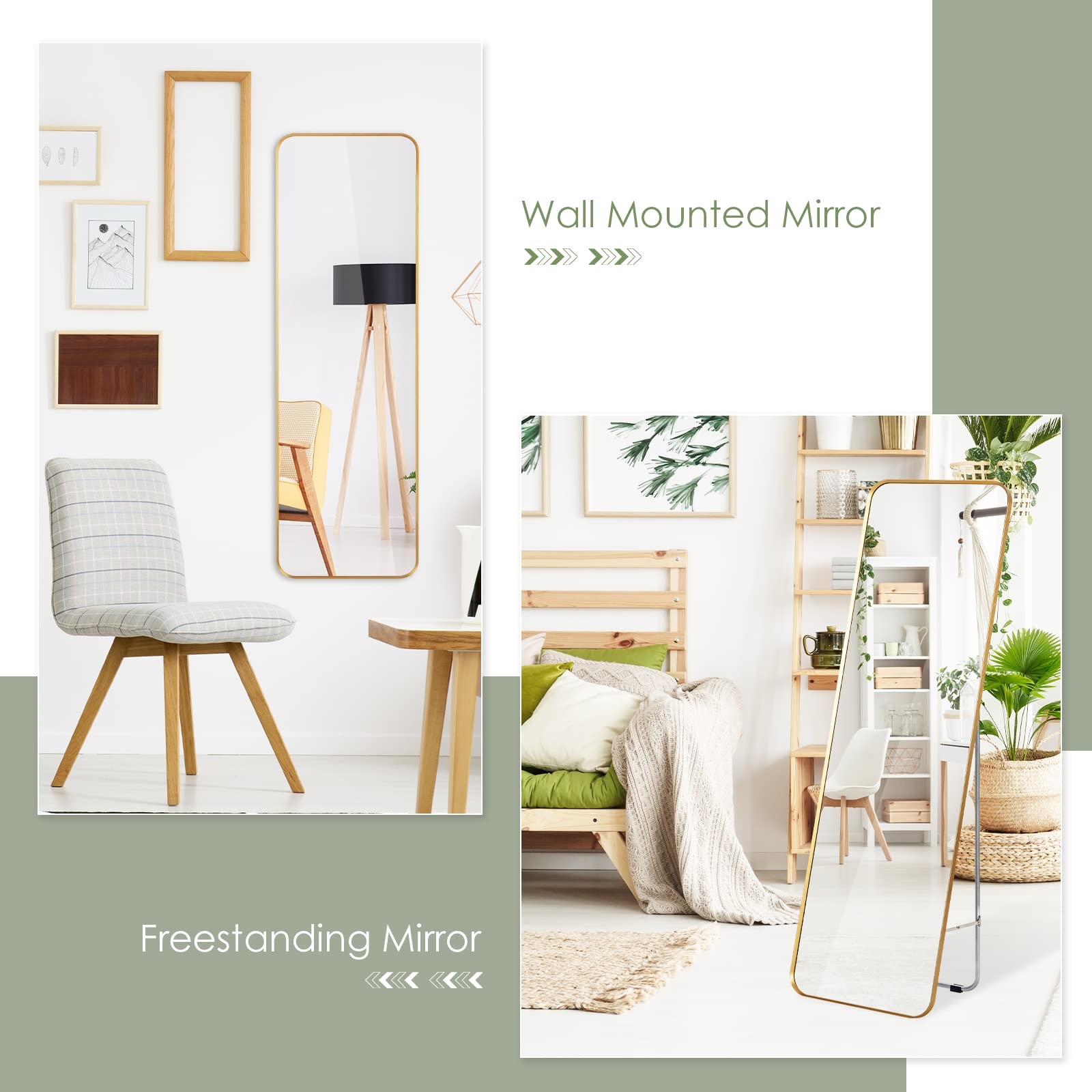 Full Length Wall Mounted Mirror w/Stand, Gold Steel Frame Floor Mirror with Explosion