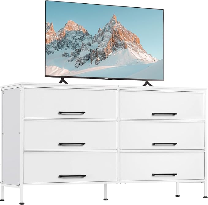 Wide Fabric Dresser, 6 Drawer Dresser TV Stand for 60" TV, Dressers Bedroom Furniture