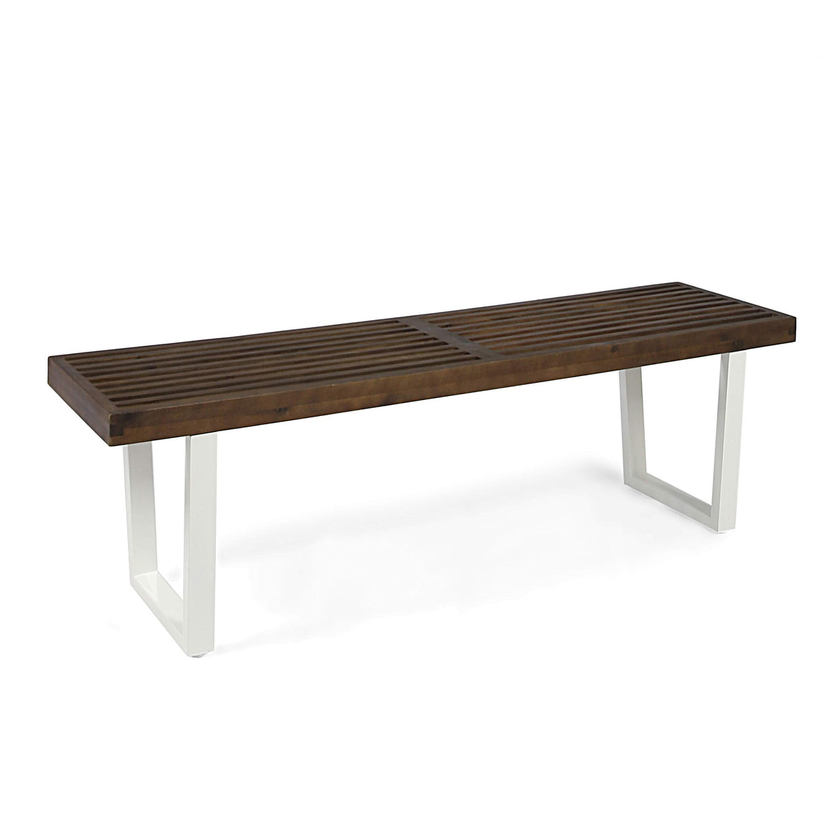 Joa Patio Dining Bench, Acacia Wood with Iron Legs, Modern, Contemporary, Dark Brown and White, Wash