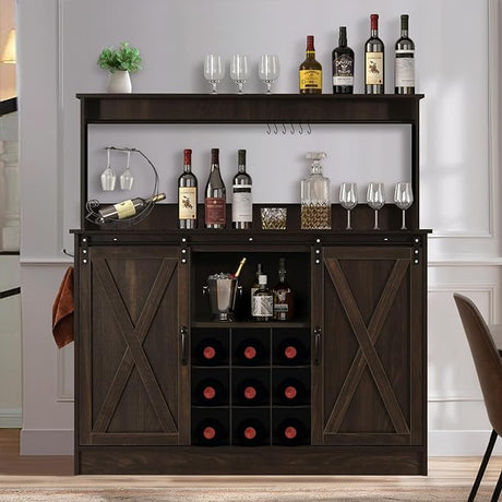 Farmhouse Coffee Bar Cabinet with Storage, Gray Coffee Bar with 6 Hooks