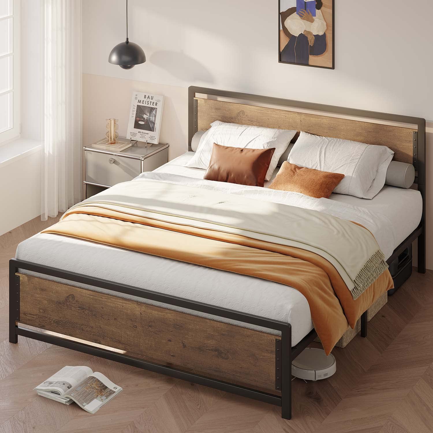 Queen Metal Platform Bed Frame with Wooden Headboard, 15 Iron Slats, Large Underbed Storage, Easy Assembly,