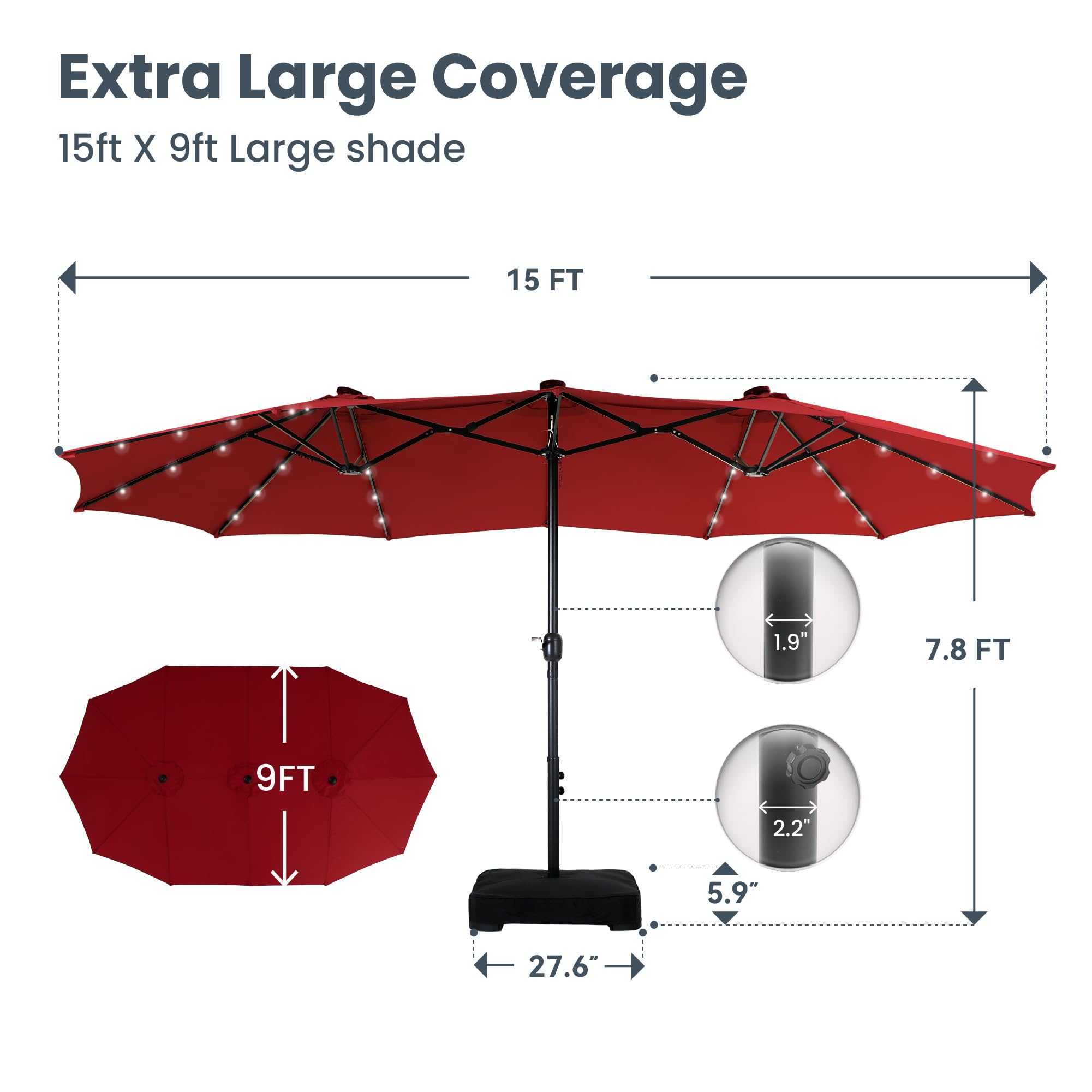 15ft Large Patio Umbrellas with 36 LED Solar Lights, Double-Sided Outdoor Market