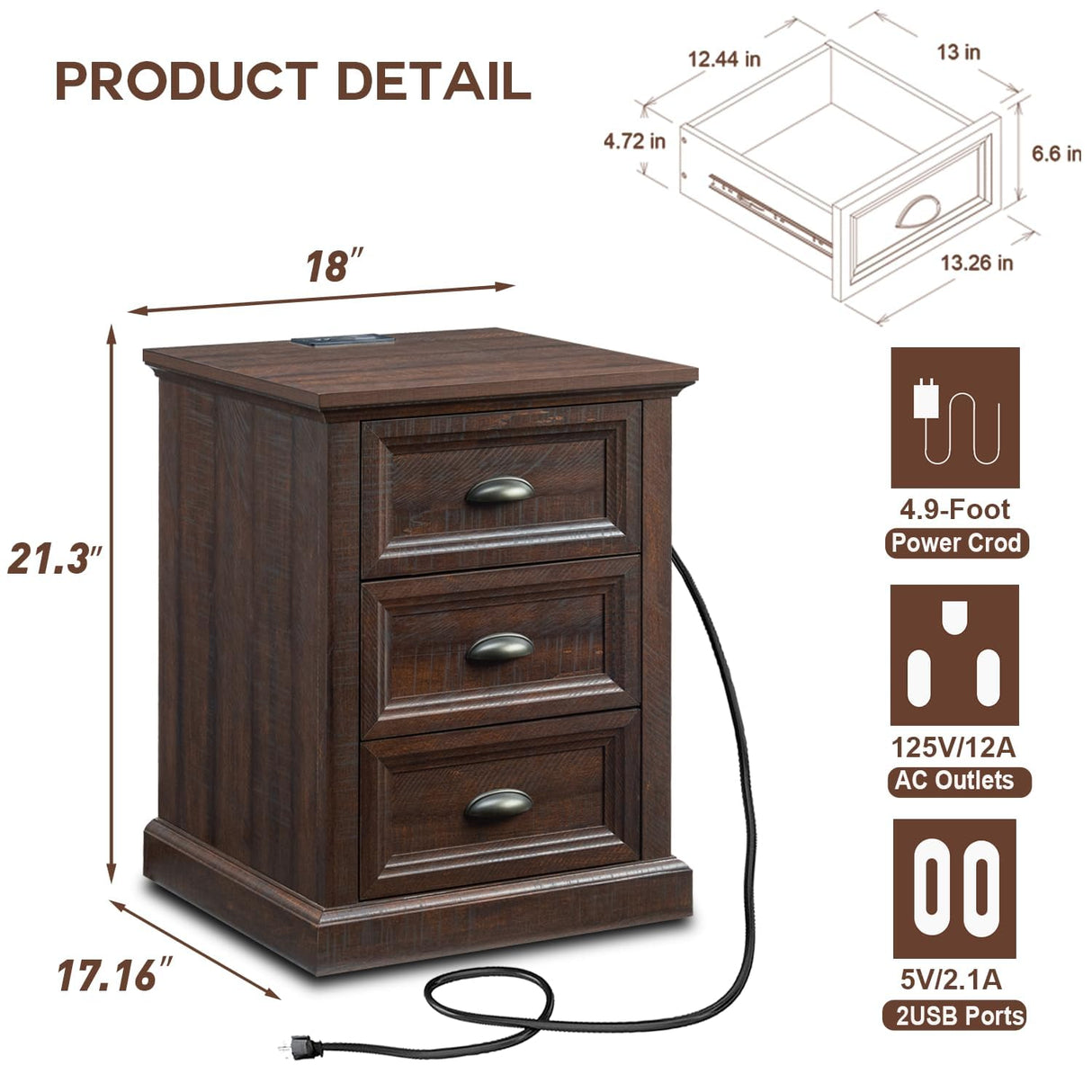 Farmhouse Nightstand with Charging Station, 3 Drawer Dresser for Bedroom