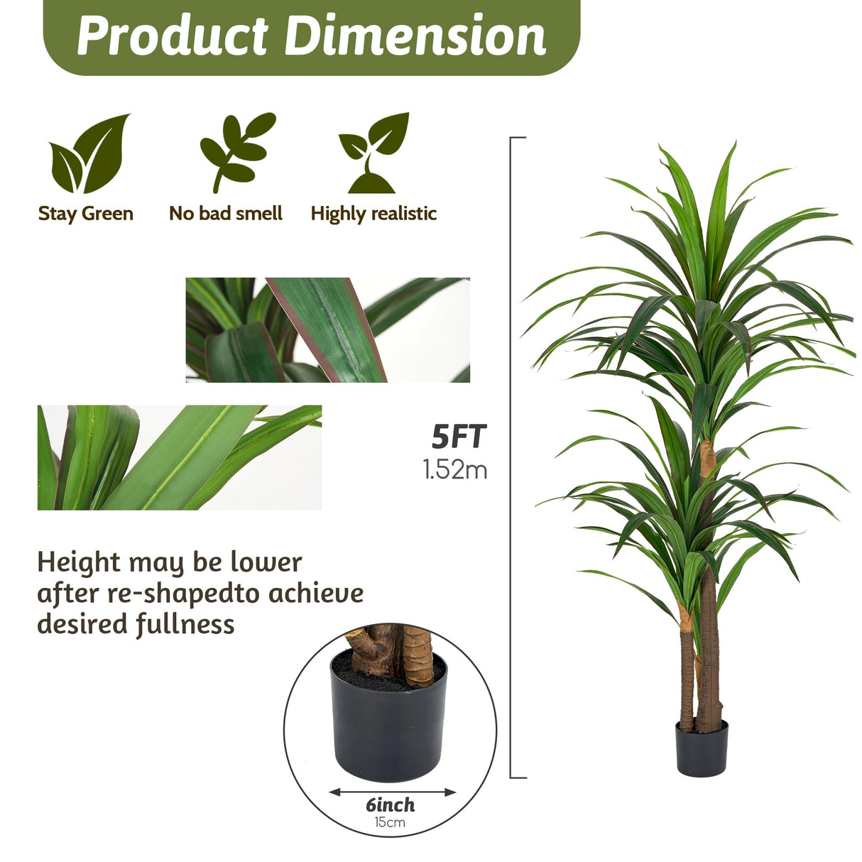 Artificial Dracaena Tree, 5FT, Faux Yucca, Indoor Plant for Home,