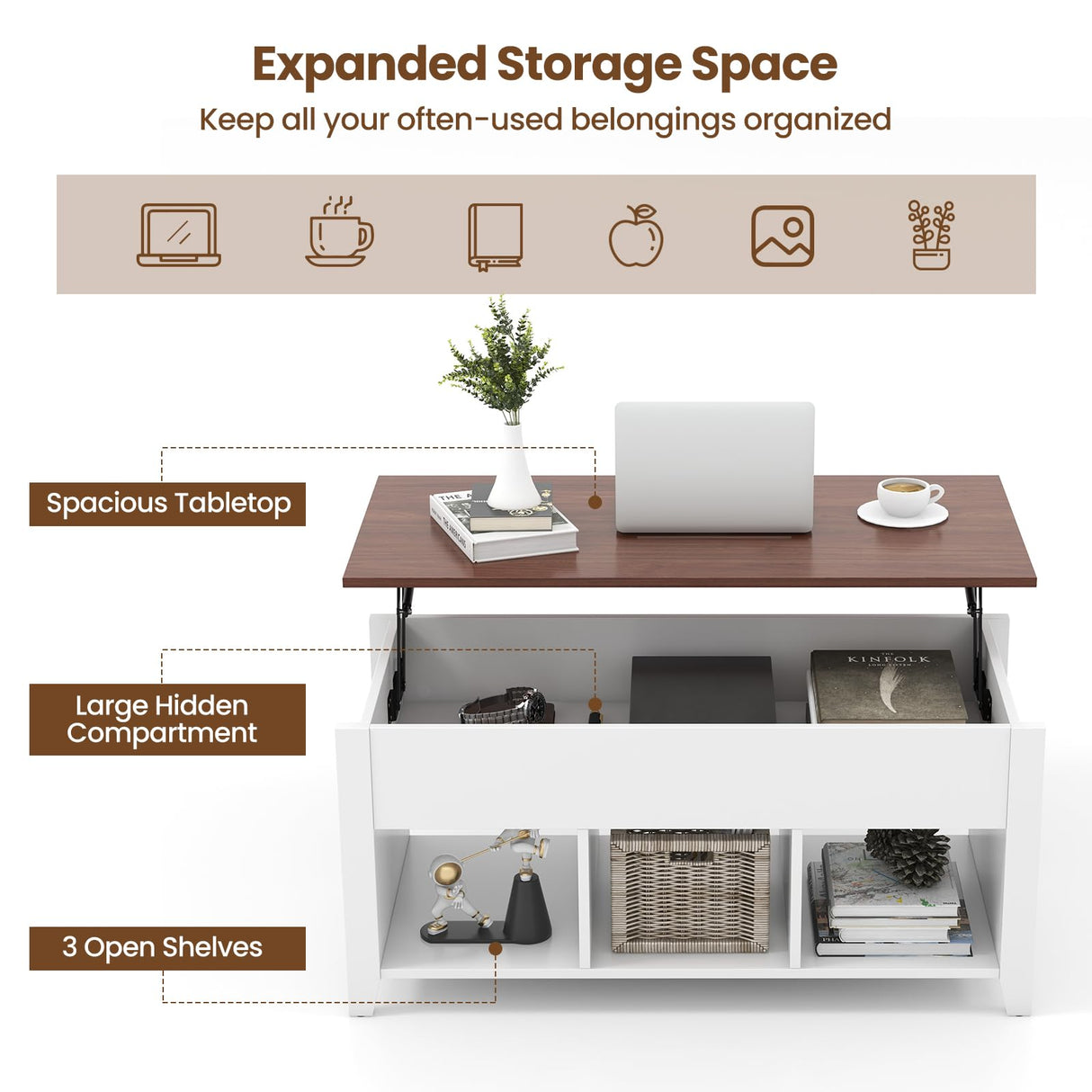 Lift Top Coffee Table, Center Table with Lift Tabletop, Hidden Compartment