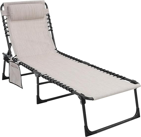 Outdoor Foldable Chaise Lounge Chair with Detachable Pillow & Pocket