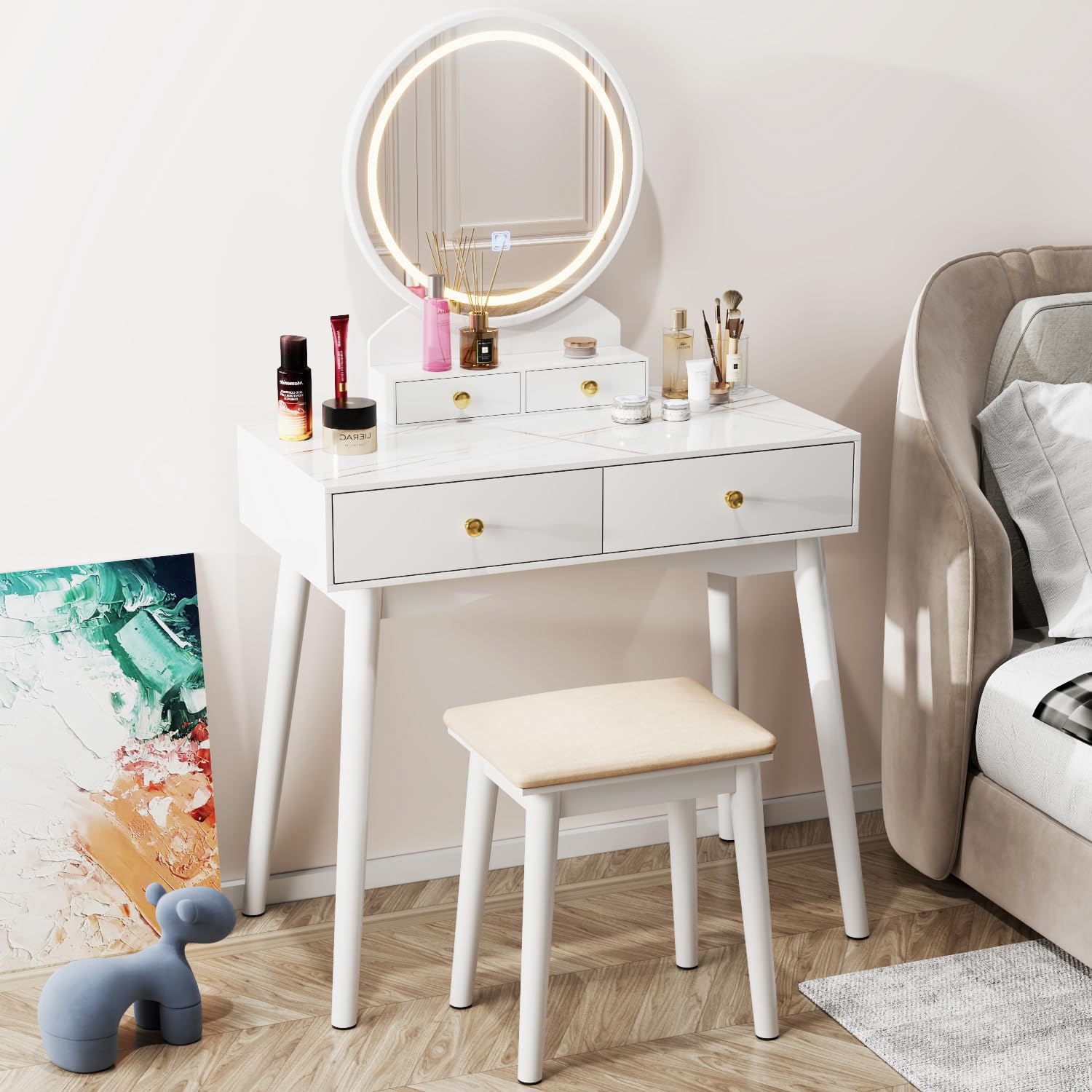 Vanity Desk with Round Mirror and Lights, Vanity Table Makeup Desk 4 Storage Drawers 3 Adjustable Colors LED Lights Matched Soft Cushioned Stool for Girls Bedroom (White) …