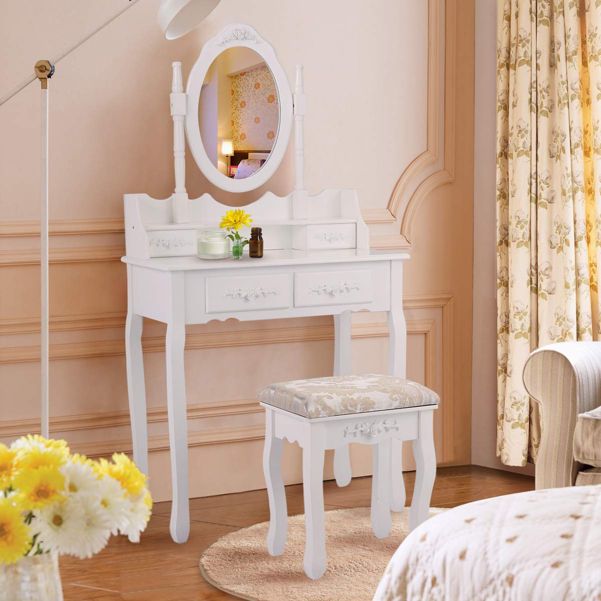 Dressing Table Stool Set w/ 4 Drawers