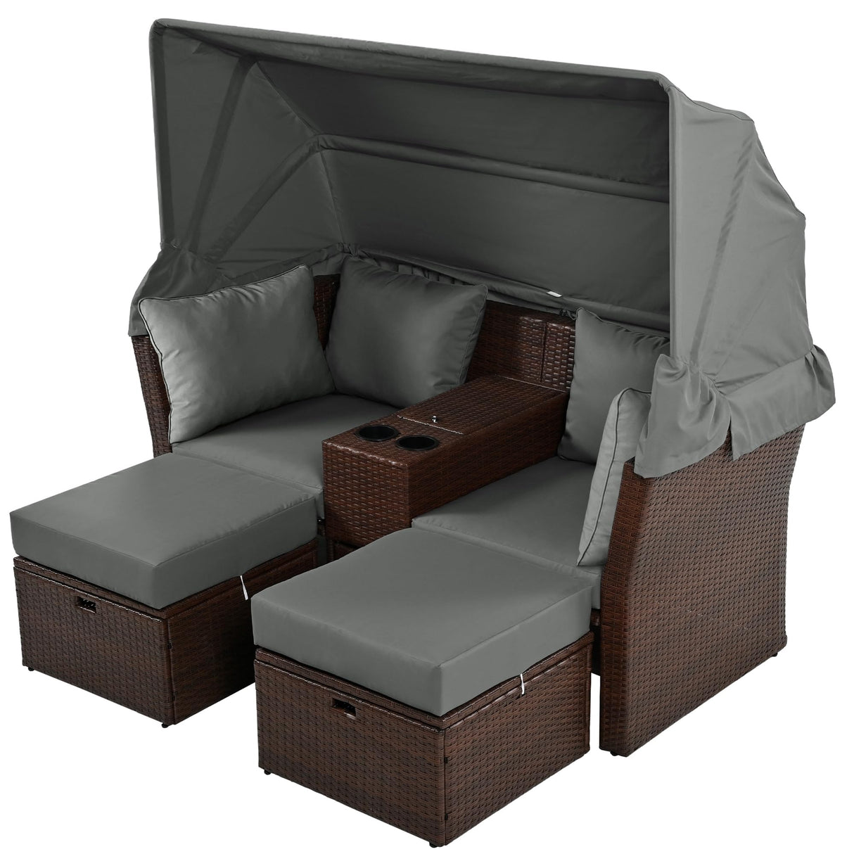 Merax Patio Outdoor Loveseat Sofa Double Daybed Set, 2-Seater with Foldable Awning+Cushions+4 Pillows, for Garden, Balcony, Poolside, Grey